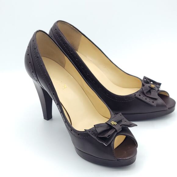 Lauren Ralph Lauren brown peep toe heels leather kitten women's size 8.5 - Picture 3 of 9